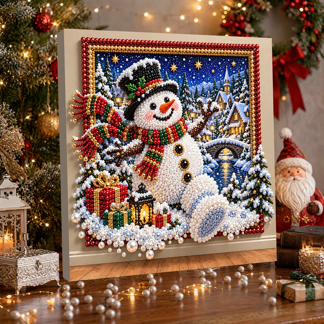 Framed Pearl Painting Kit Snowman Scene for Adults 30x30cm