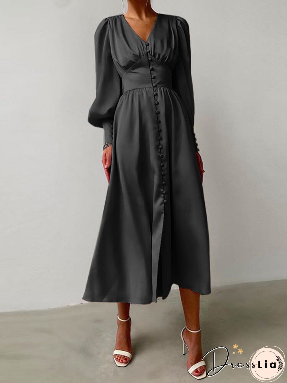 Solid Color Patchwork Puff Sleeves V-neck Satin Casual Dress