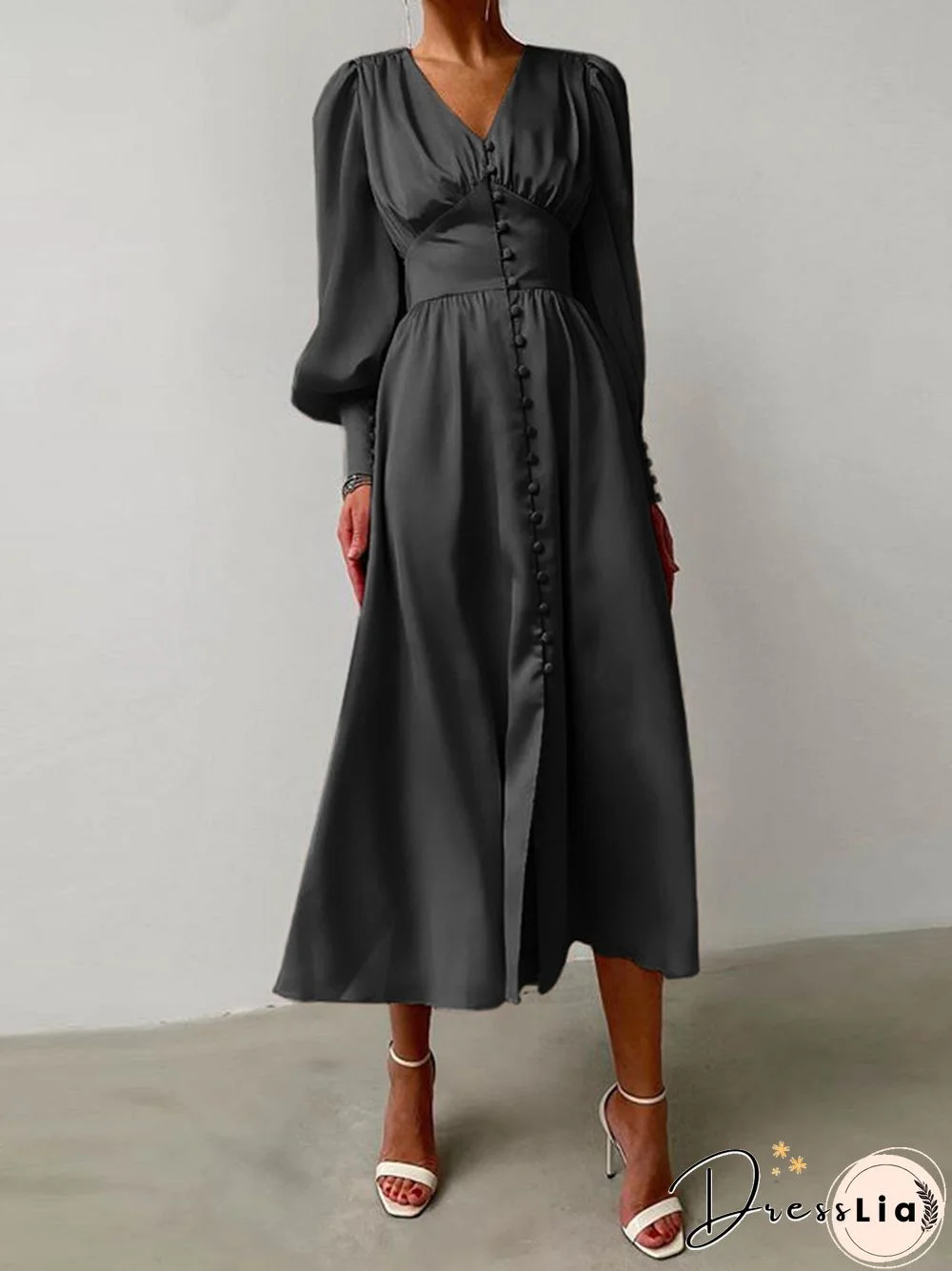 Solid Color Patchwork Puff Sleeves V-neck Satin Casual Dress