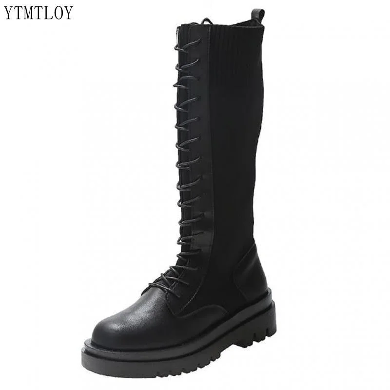Ladies Paltform Shoes Autumn Women Knee High Boots Casual Pu Leather Lace Up Thick Sole Ytmtloy Stretch Fabric Botines De Mujer