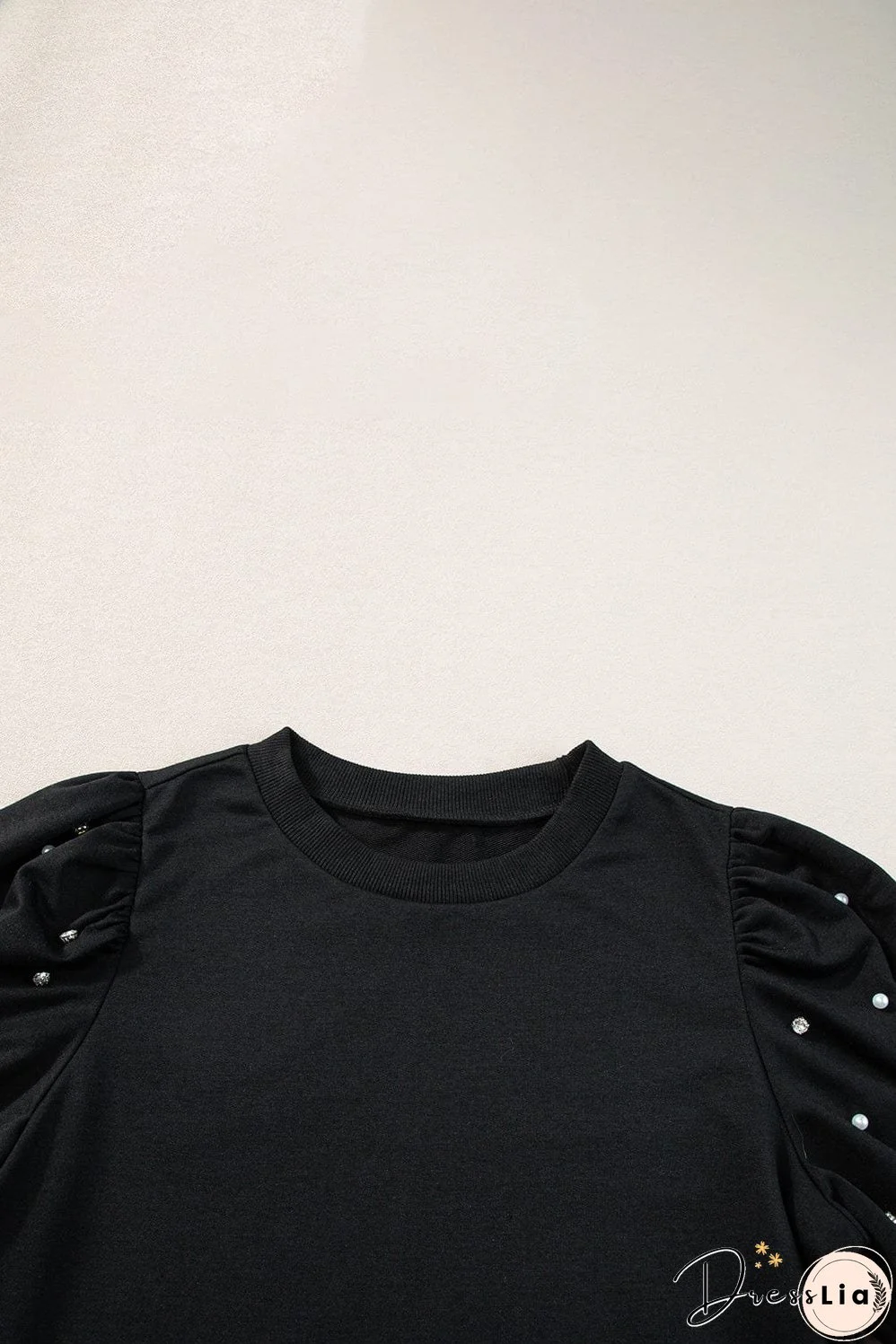 Elegant Black Rhinestone Pearl Embellished Puff Sleeve Blouse