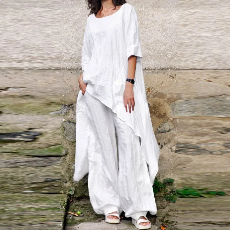 Two Piece Sets Women Tracksuit ZANZEA Fashion Summer Matching Sets 2PCS Casual 3/4 Sleeve Irregular Blouse Suits Urban Outifits7