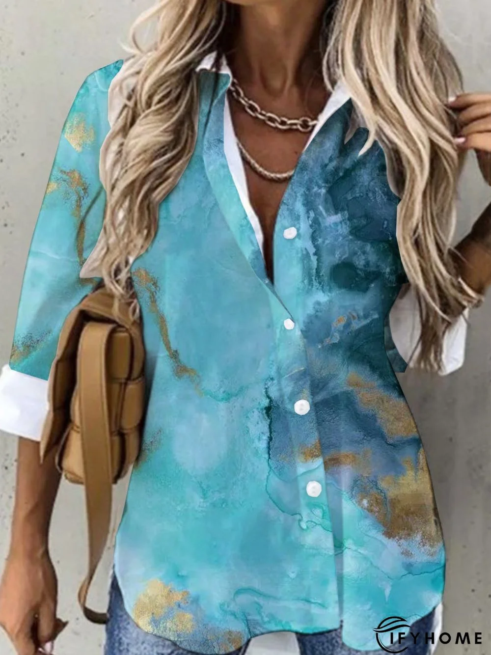 Casual Sea Long Sleeve Shirt Collar Printed Top Tunic Blouse | IFYHOME