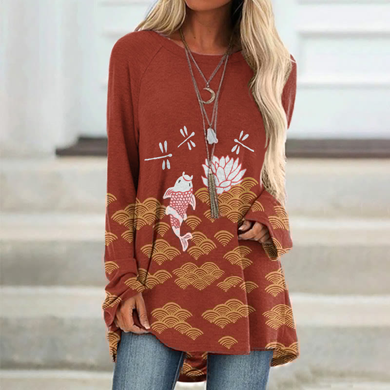Japanese Koi Dragonfly Wave Art Print Casual Tunic artswardrobe