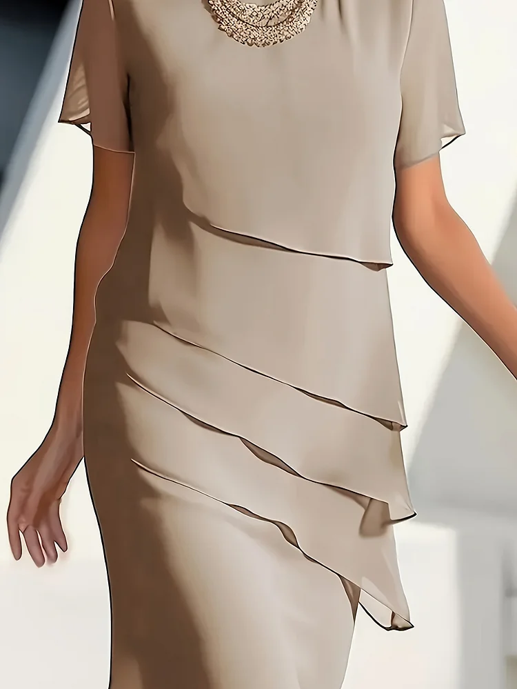 Women's Garden Collar Short-Sleeve Ruffled Hem Dress | Wrinkle-Resistant Casual Style For Travel & Daily Wear