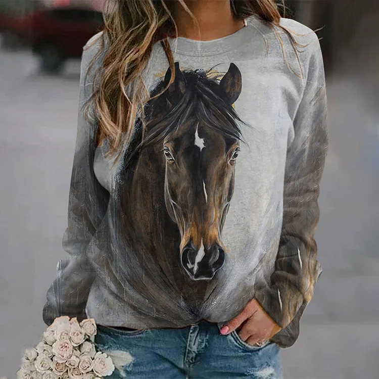 Vefave Western Horse Print Crew Neck Long Sleeve Casual Sweatshirt