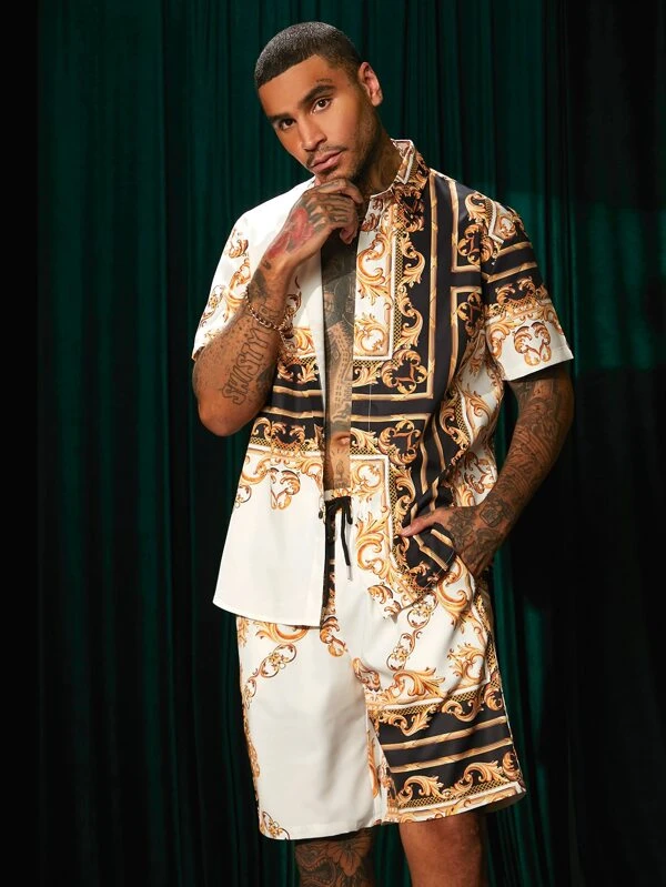 Men Random Baroque Print Shirt & Shorts