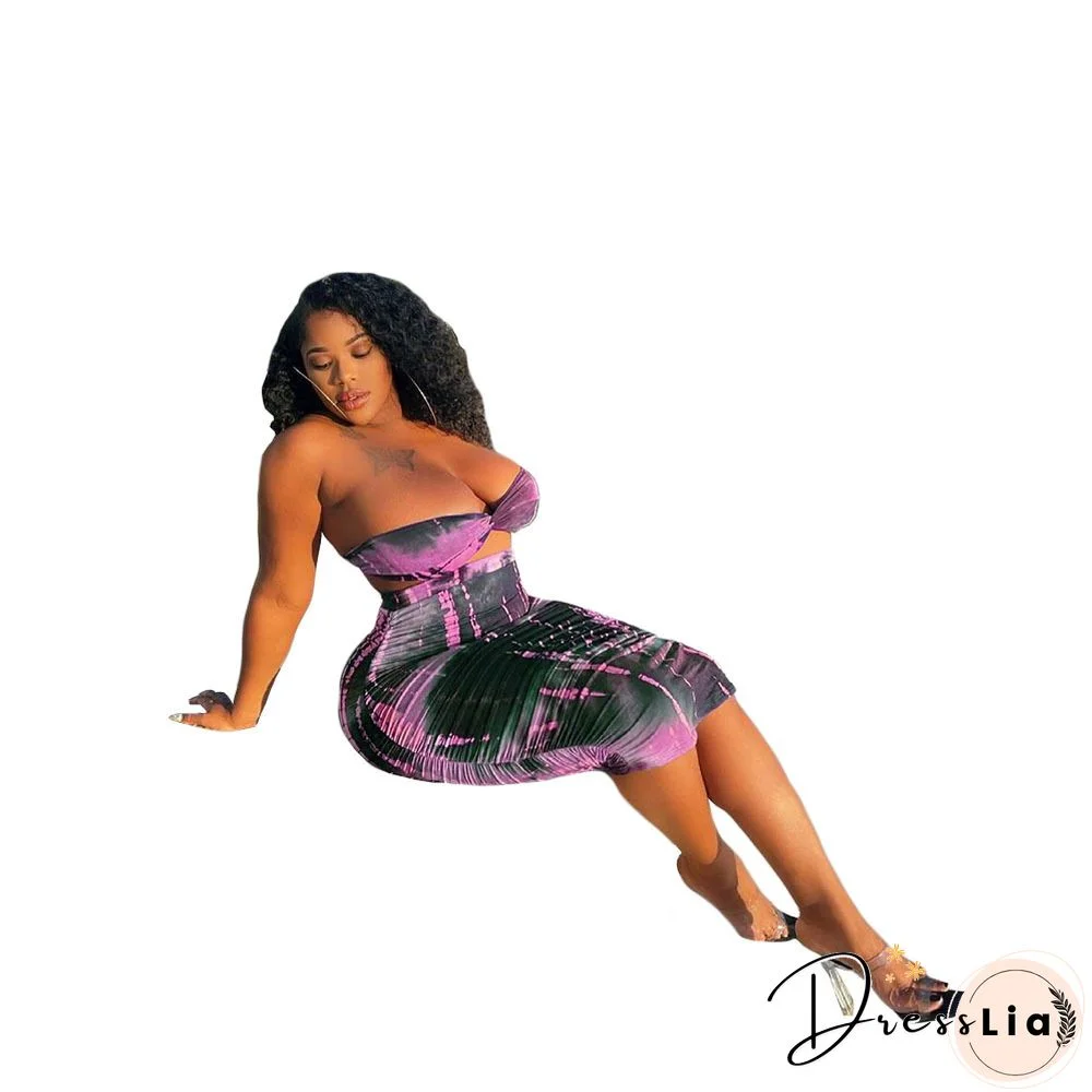 Summer Tie Dye Plus Size Fashion Clubwear Strapless Crop Top Maxi Skirts Women Sexy Two Piece Set