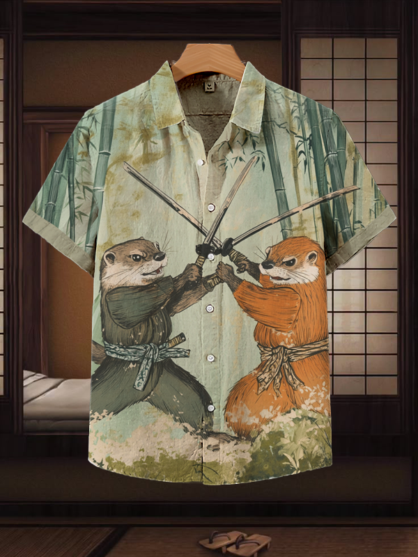 Men's Two Handsome Swordsman Warrior Otters Holding Swords Art Print Short Sleeve Shirt