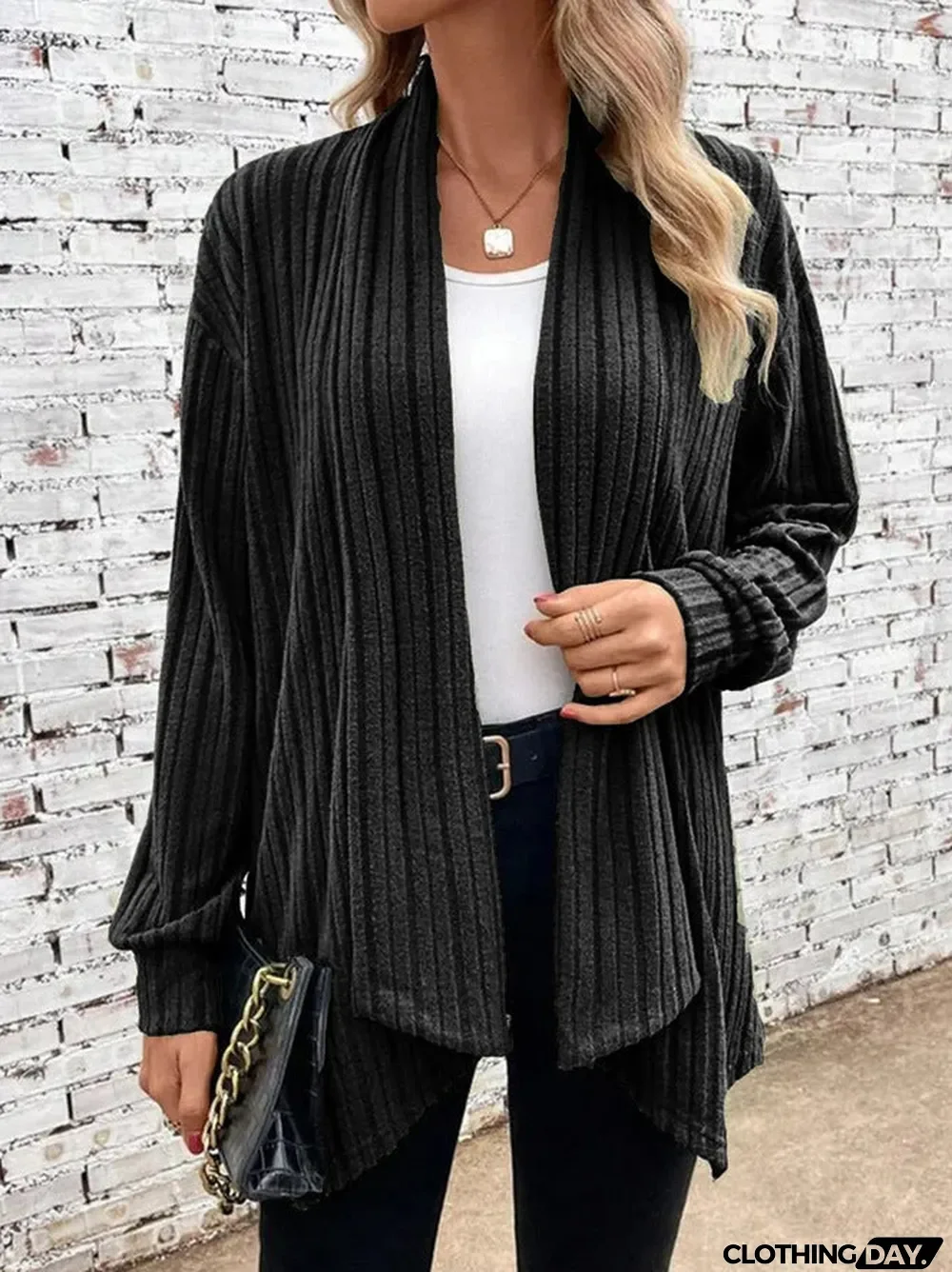 Irregular neckline ribbed knitted cardigan