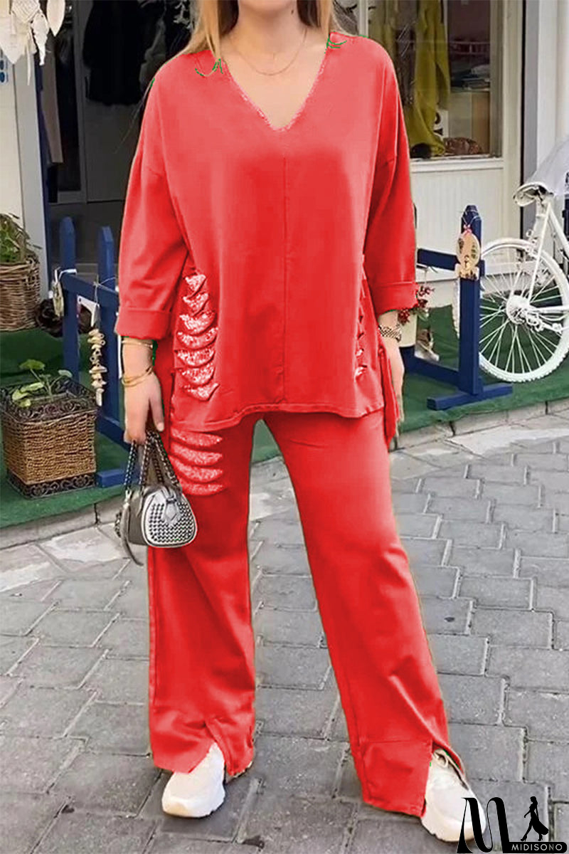 MidiSono - Casual Daily Ripped Sequins Irregular V Neck Half Sleeve Two Pieces(8 Colors)