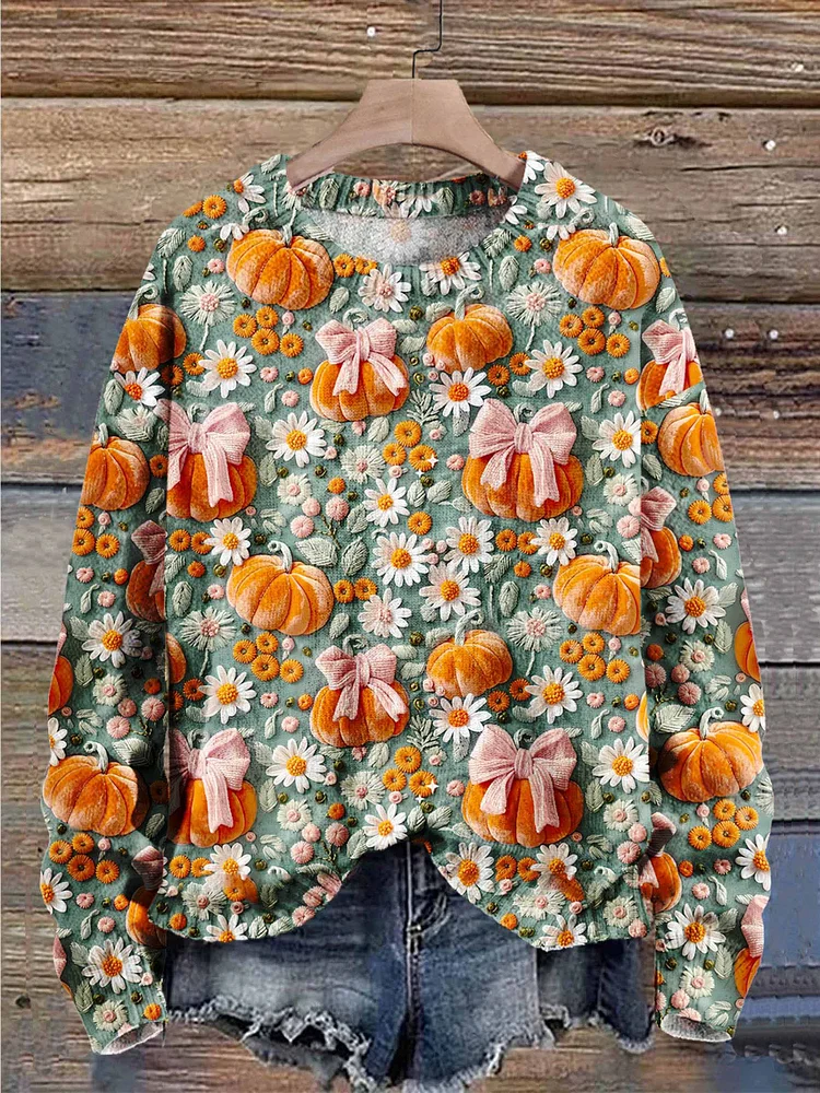 Pumpkin Flowers Autumn Season Halloween Art Print Knit Pullover Sweater