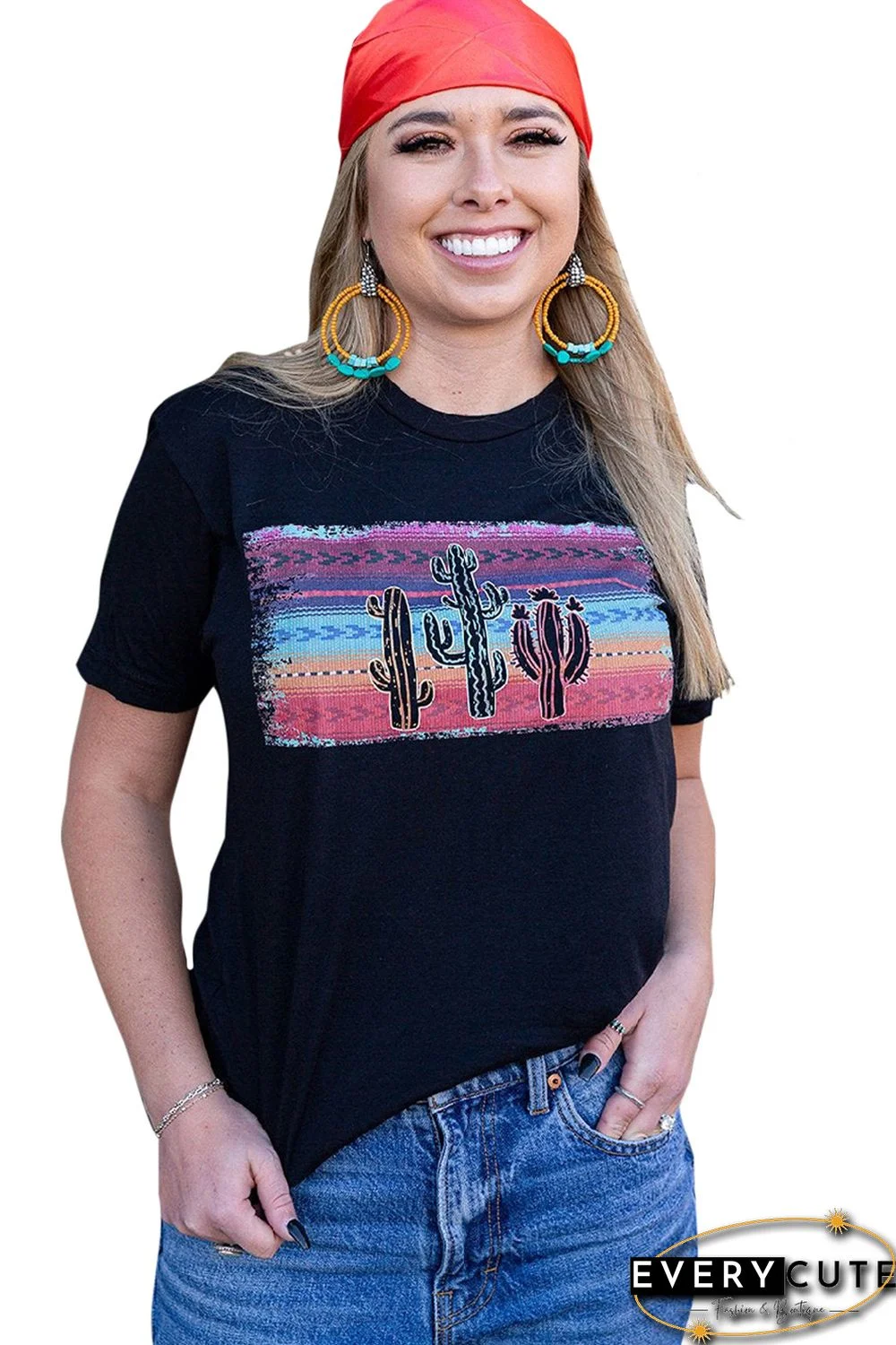 Black Western Cactus Pattern Print Short Sleeve T-shirt
