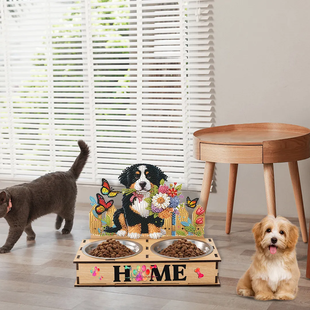 Diamond Painting Food Bowl with Wood Stand Diamond Art Dog Bowl for Small Dogs