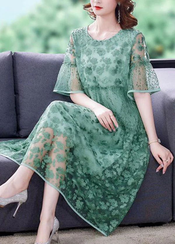 Women Green Embroideried Patchwork Tulle Holiday Dress Summer