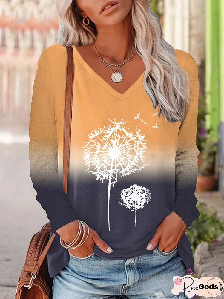 Casual Ombre Dandelion V Neck T-Shirt