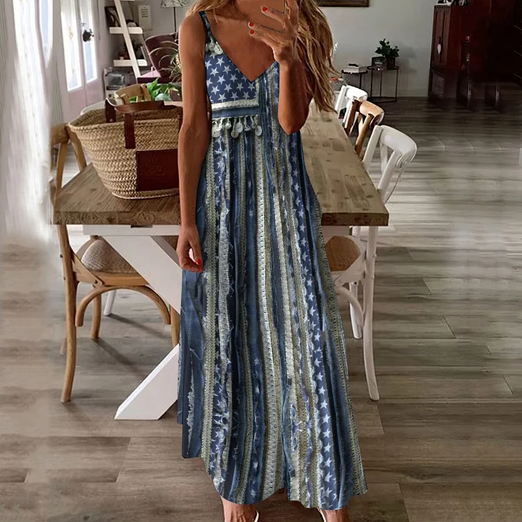 Comstylish Vintage Independence Day Flag Western Tassel Print Slip Maxi Dress