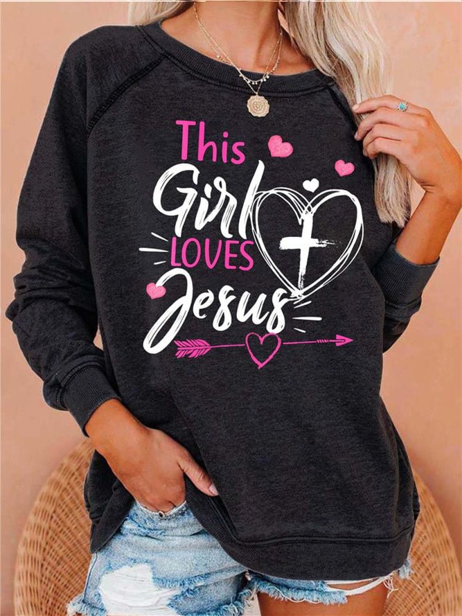 Women This Girl Loves Jesus Letters Casual Sweatshirt