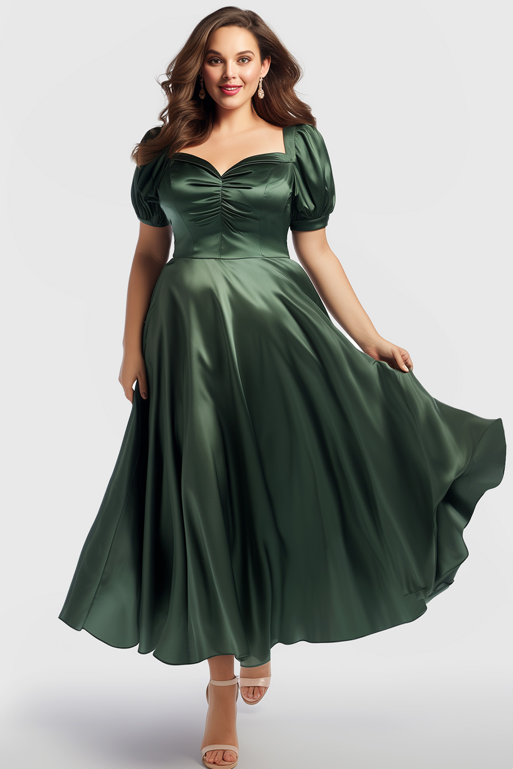 Flycurvy Plus Size Wedding Guest Champagne Satin Puff Sleeve High Low Hem Maxi Dress