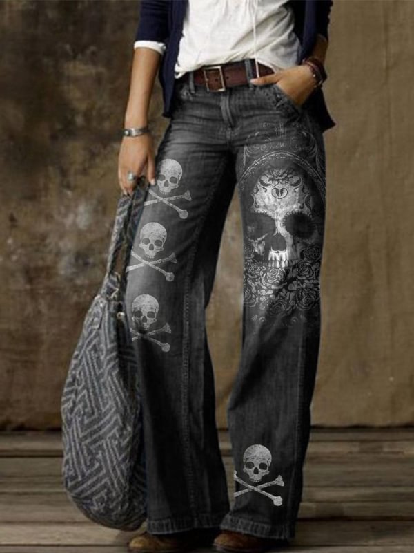 Vintage punk skull print pocket ladies jeans pants