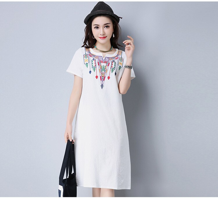 Women Woman Embroidery Embroidered Dress Ladies Blouse Beach Summer Vintage V-Neck Floral Loose Casual Party Streetwear Dresses