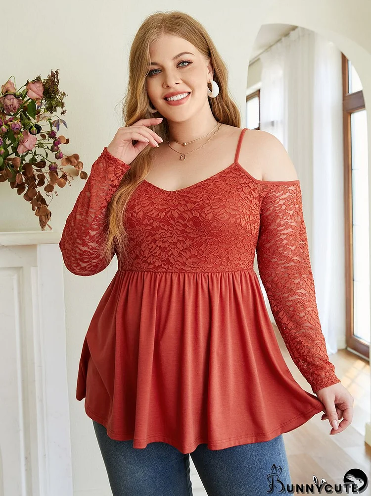 Plus Size Cold Shoulder Floral Textured Patchwork Long Sleeve T-Shirt
