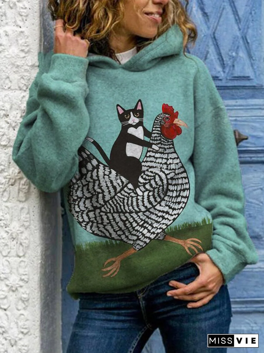 Cartoon Cat Cock Print Long Sleeves Casual Hoodies For Women