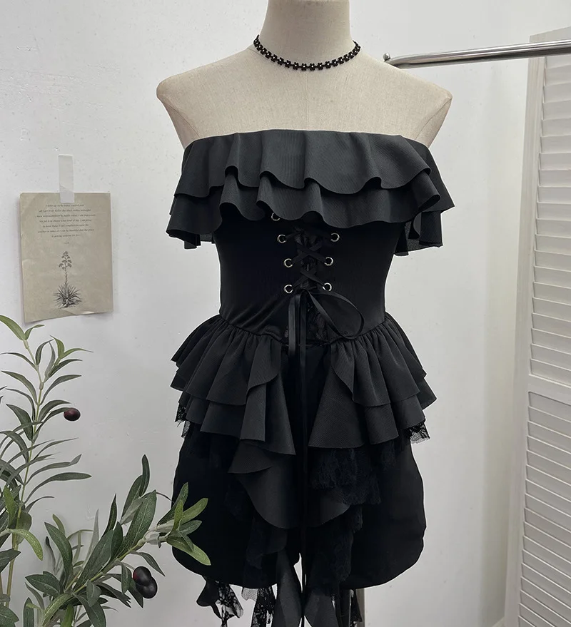 Nigikala Nigikala Shooting Hottie Belt Lotus Side Splicing Lace Bra Vest Word Shoulder Ribbon Short Coat 8013