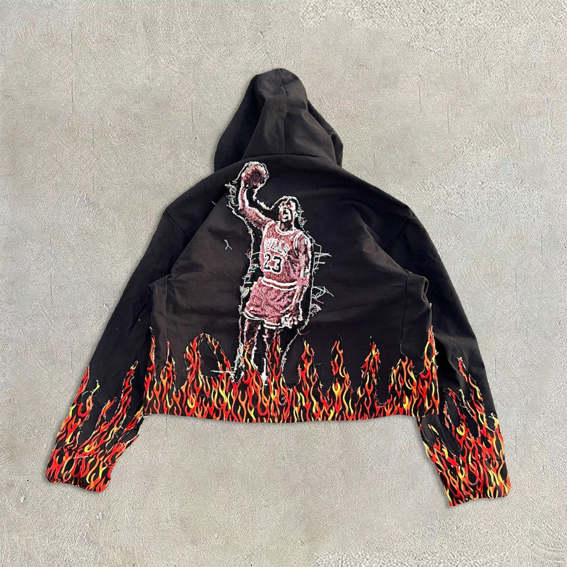 Retro Hip Hop Flame Basketball Print Hoodie