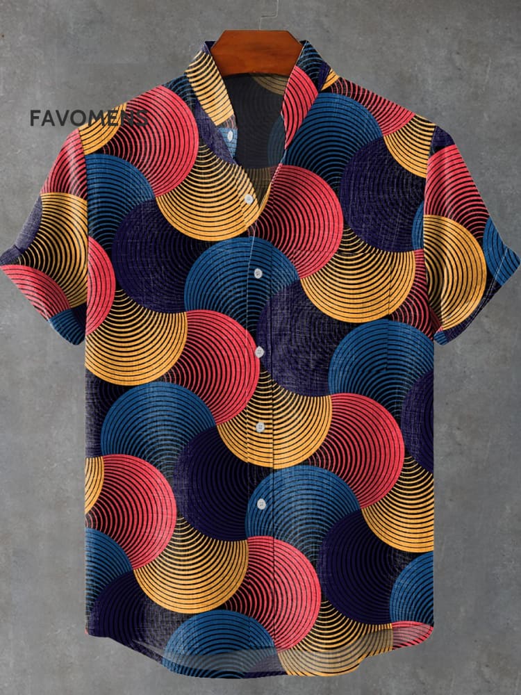 Line Combination Fan-Shaped Decorative Pattern Casual 100% Cotton Shirt Multicolor / S
