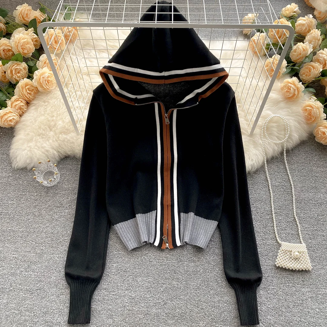 WomenEuropean And American Fashion Striped Stitching Hooded Jacket Women's New Zipper Loose Knit Cardigan D0235