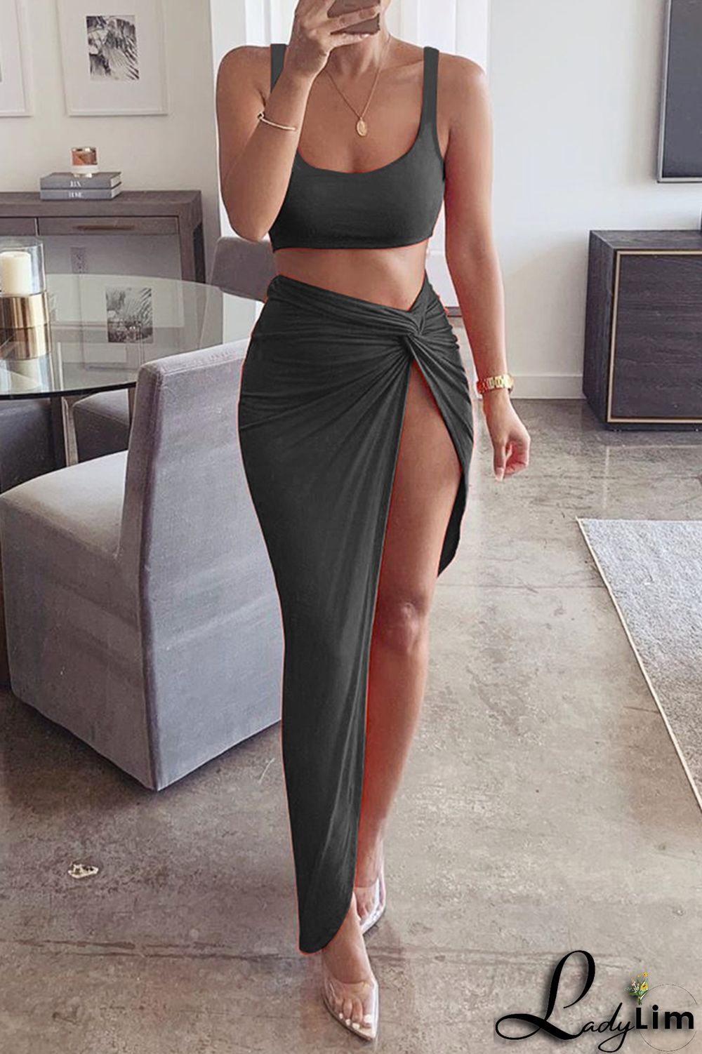 Grey Sexy Solid Slit Square Collar Sleeveless Two Pieces
