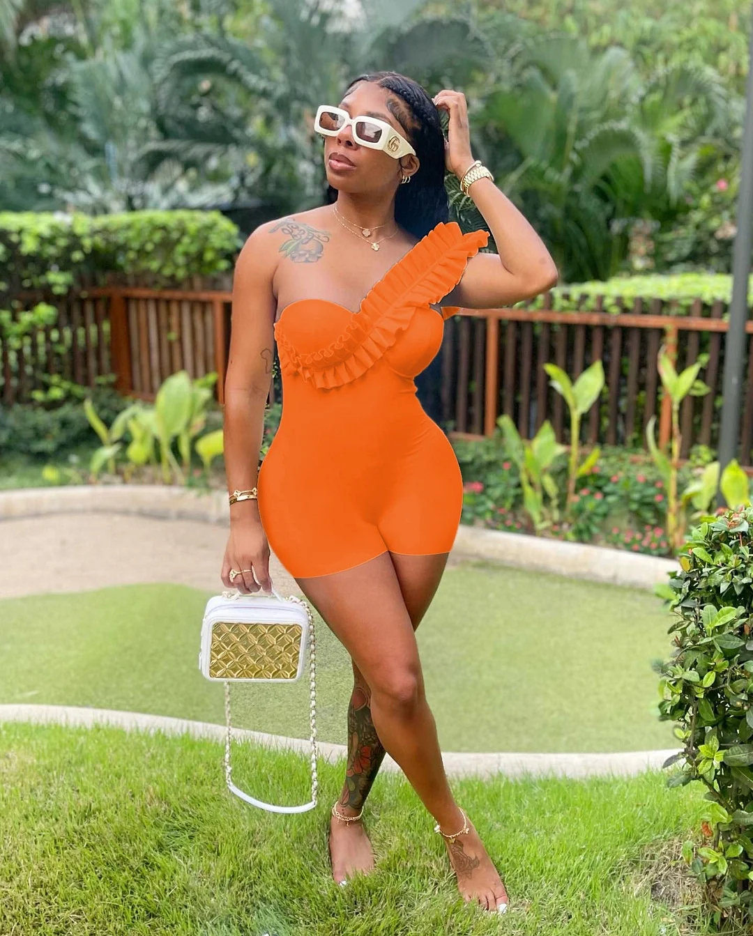 CM.YAYA Women Ruffles Spicing One Shoulder Sweetheart Neck White Bodycon Stretch Romper and Playsuit 2022 Summer Sexy Overall