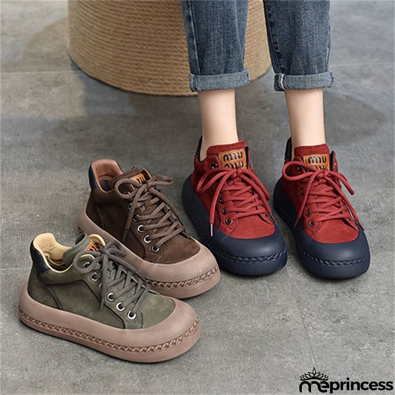 Genuine Leather Retro High Top Thick-soled  Lady Shoes