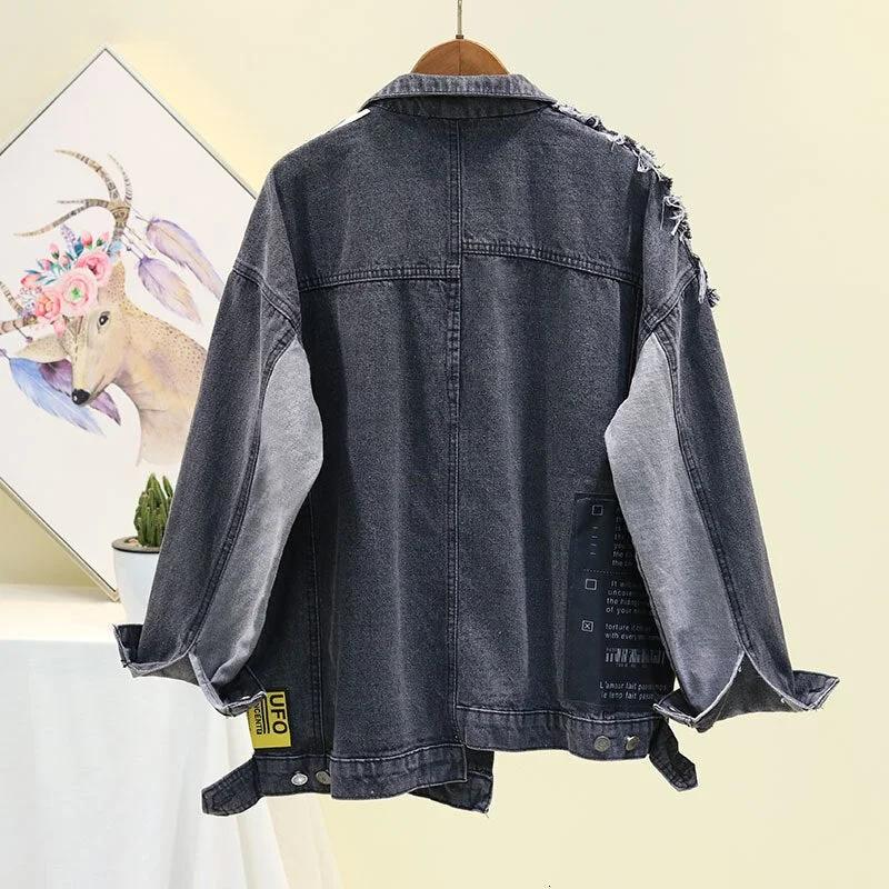 Black Black Denim Jacket  2020 Autumn New Streetwear Full Sleeve Appliques Newspaper Pattern Large Size Leisure Trend Coat