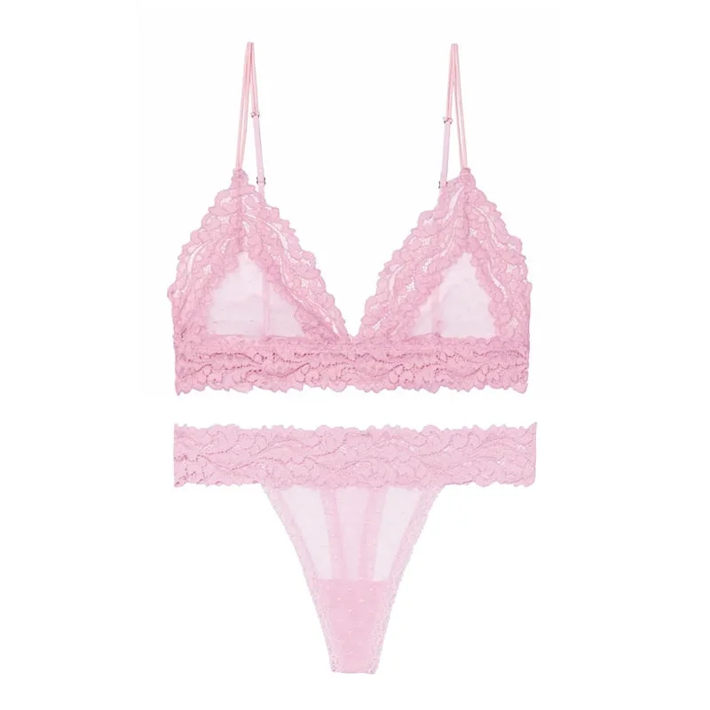 Sexy Lingerie Set Women Lace Bralette Underwear Transparent Mesh Dot Bra See Through Lingerie Black Brassiere Female Thong Sets
