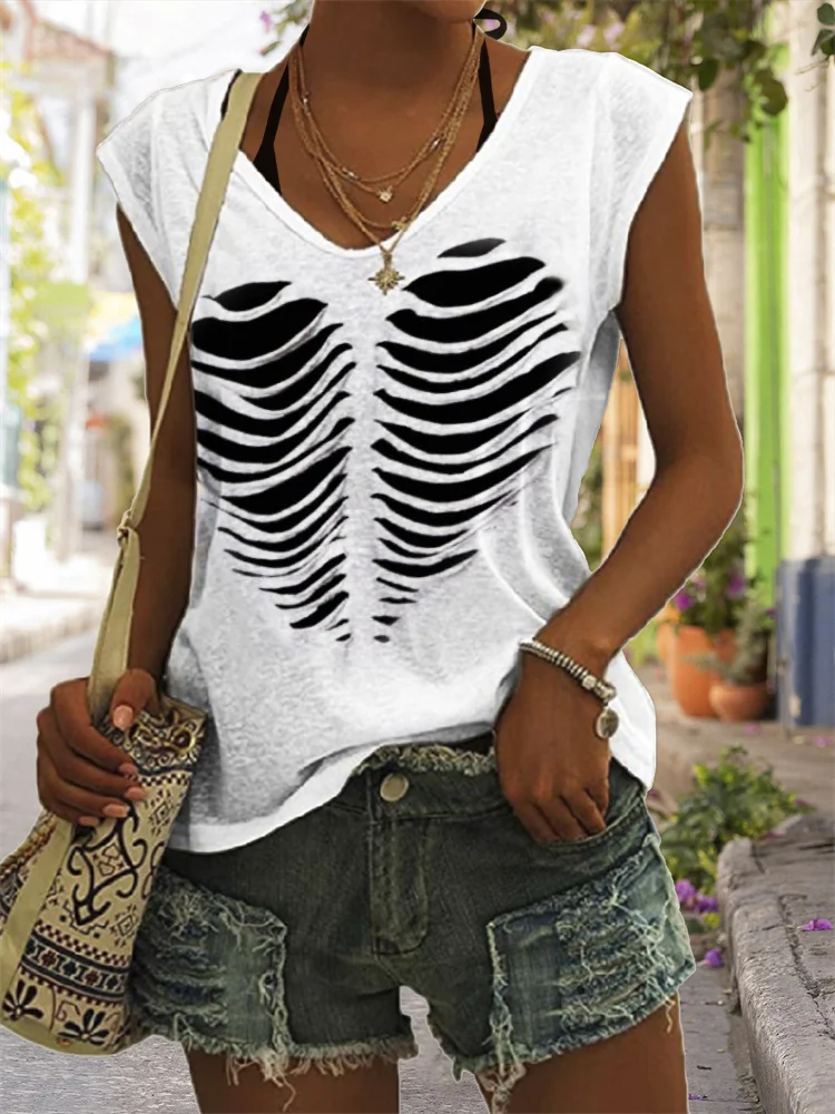 Wearshes Skeleton Heart Carving Art V Neck Tank Top