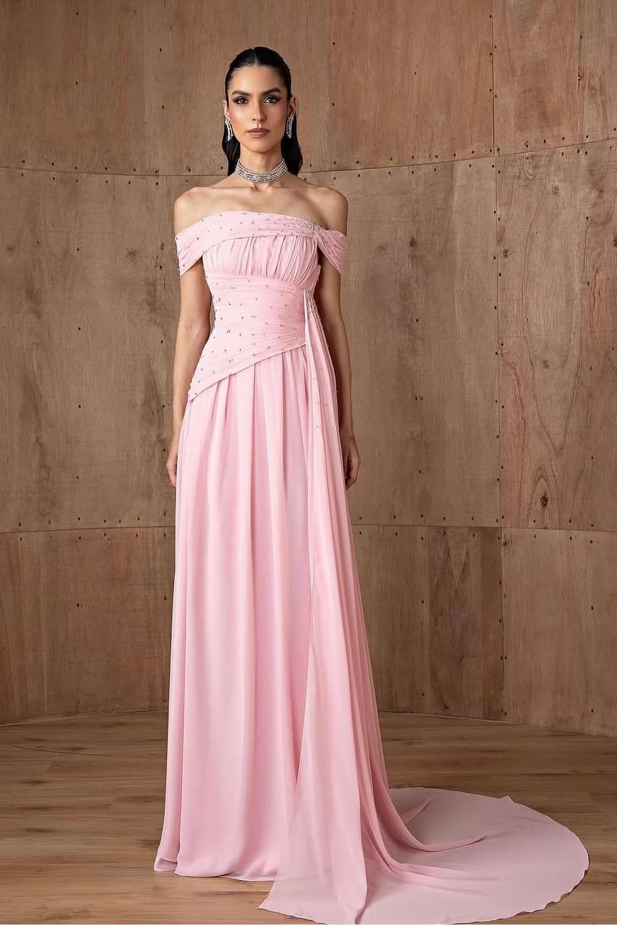 Elegant Pink Satin Strapless Off the Shoulder Prom Dress with Beadings | MS0513 