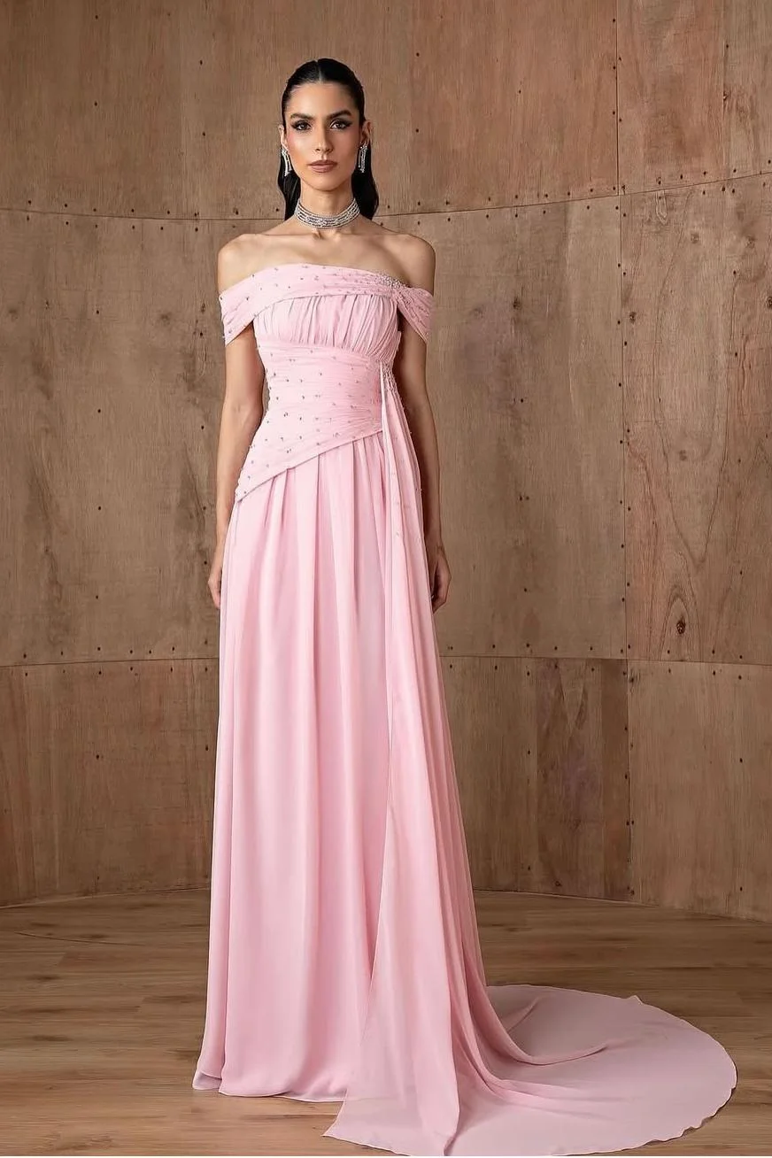 Miabel Elegant Pink Satin Off the Shoulder Strapless Long Pleated Prom Dress with Beadings 
