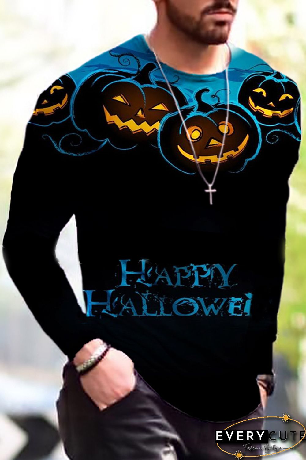 Men's 3D Halloween Pumpkin Print Knit Long Sleeve T-Shirt