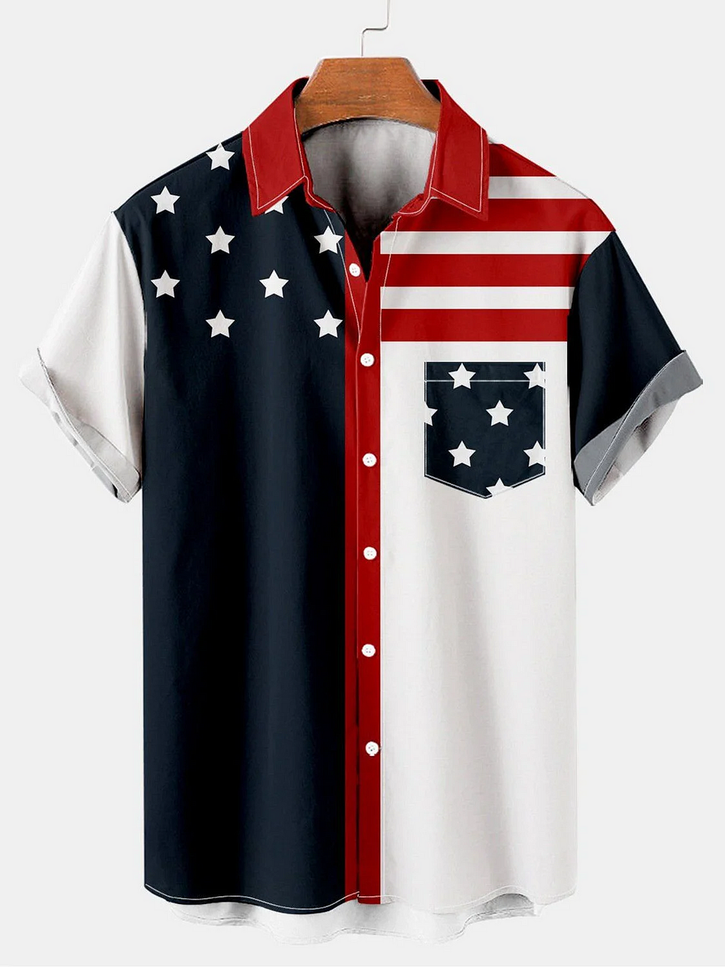 Men's comfortable ji'he split American flag print shirt PLUSCLOTHESMAN