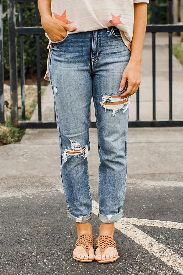 Womens Basic Ripped Straight Jeans-Allyzone-Allyzone
