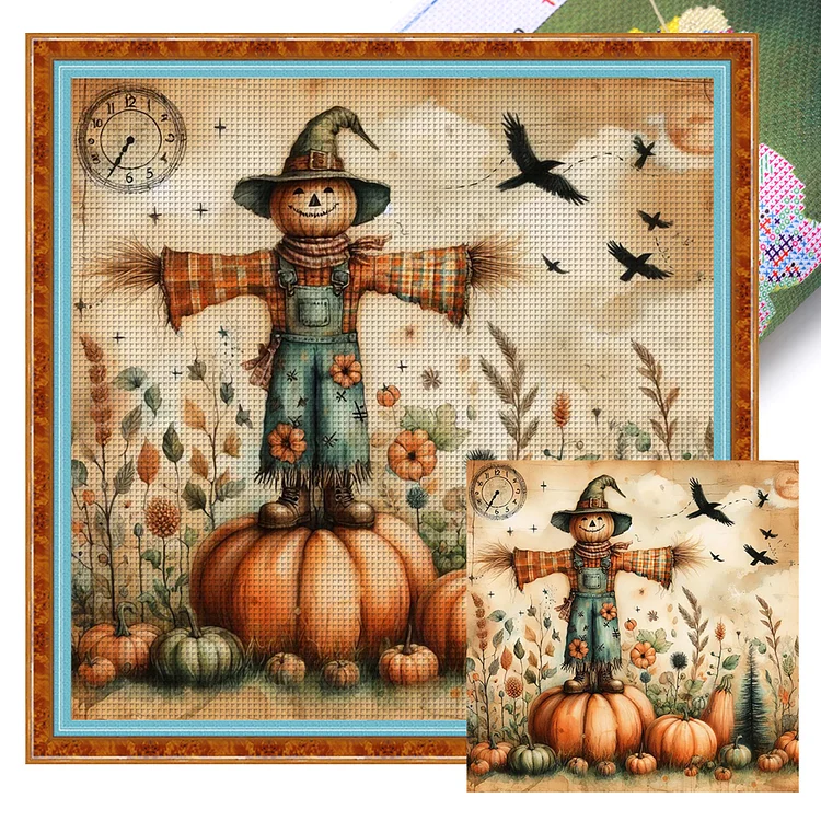 Scarecrow Standing On Pumpkin (50*50cm) 11CT Stamped Cross Stitch gbfke