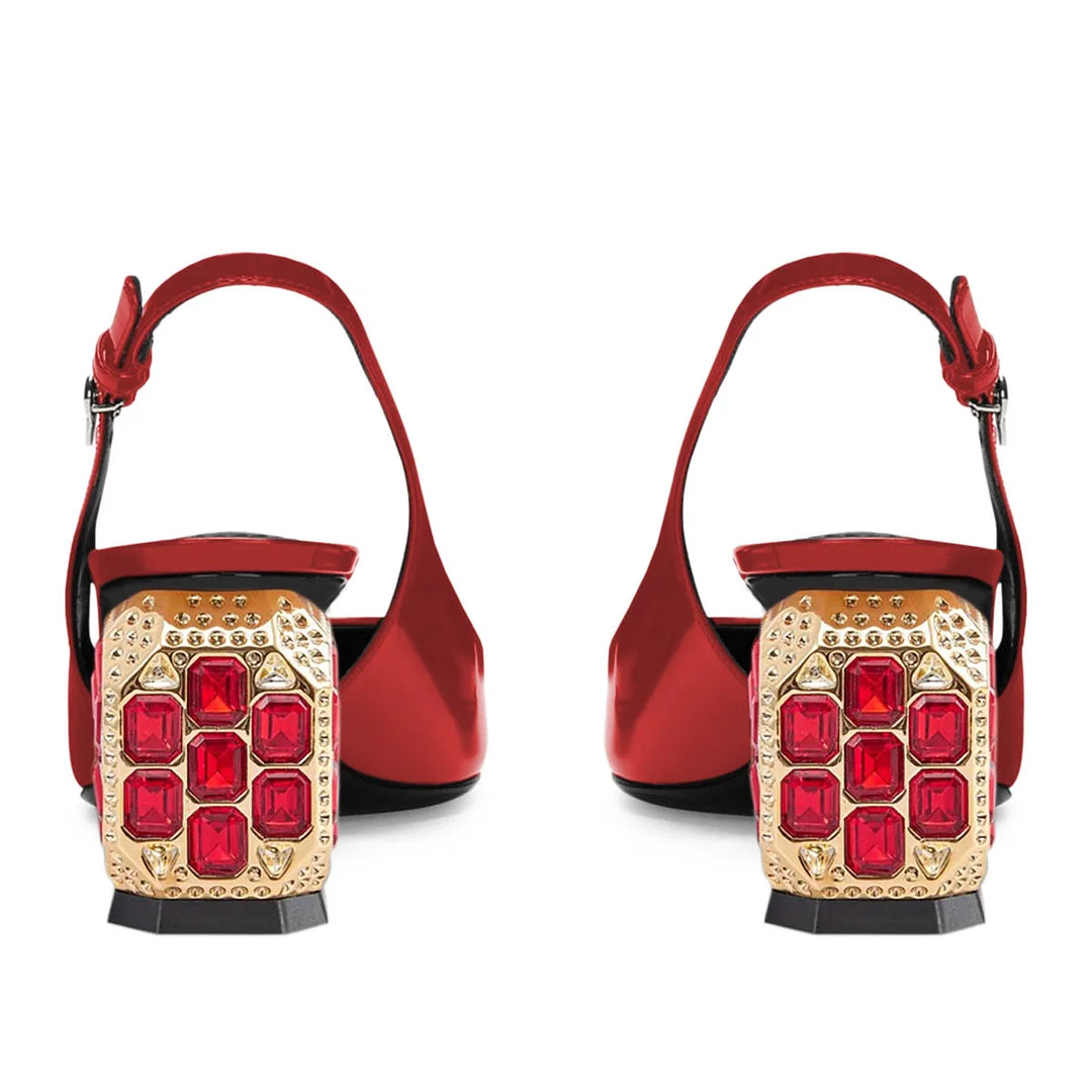 Red Patent Leather Pointed Toe Rhinestone Decor Slingback Heels