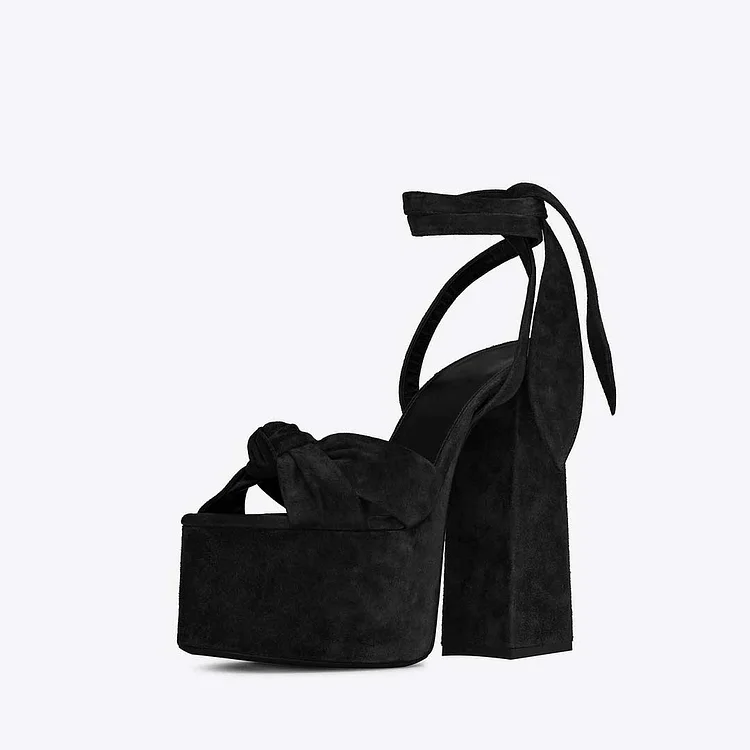 Custom Made Black Tie Up Chunky Heel Sandals With Platform |FSJ Shoes