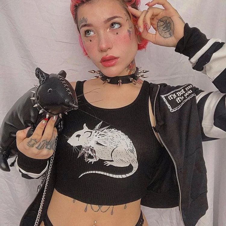 GOTH MOUSE WITH CHOKER SLEEVELESS BLACK CROP TOP