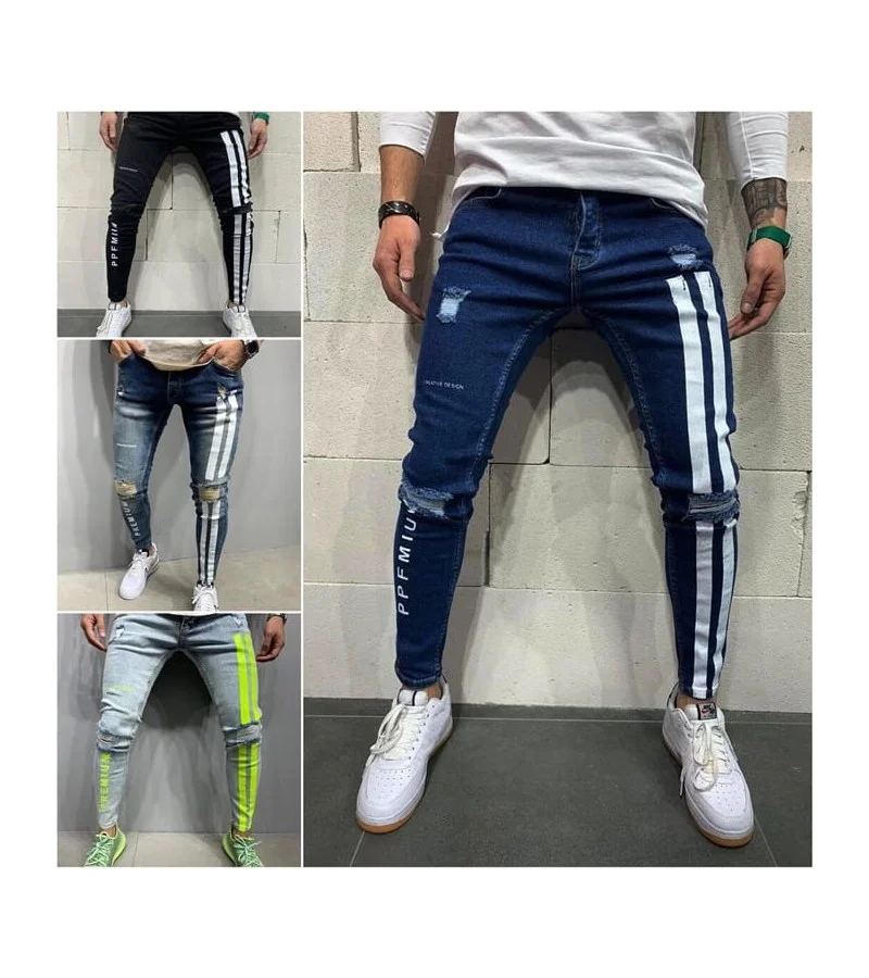 Men Fashion Stripe Letter Printed Ripped Jeans S-3XL