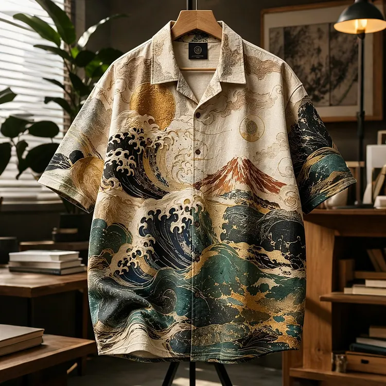 Men's Japanese Ukiyo-e The Great Wave Mt.fuji Golden Art Print Casual Shirt