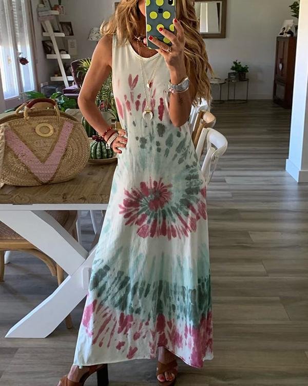 Sleeveless Gradient Print Crew Neck Holiday Maxi Dress