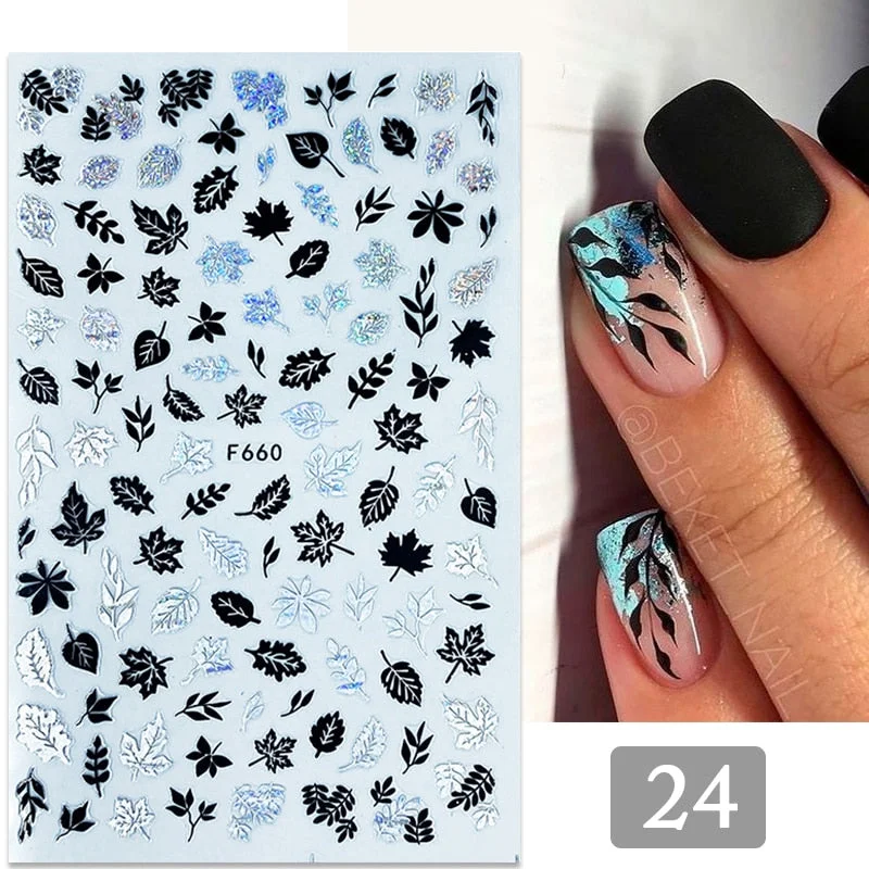 1PC Gold Black Bronzing Leaves Tree 3D Nail Sticker Iridescent Geometrics Lines Adhesive Transfer Sticker DIY Nail Decoration-Nail Inspo